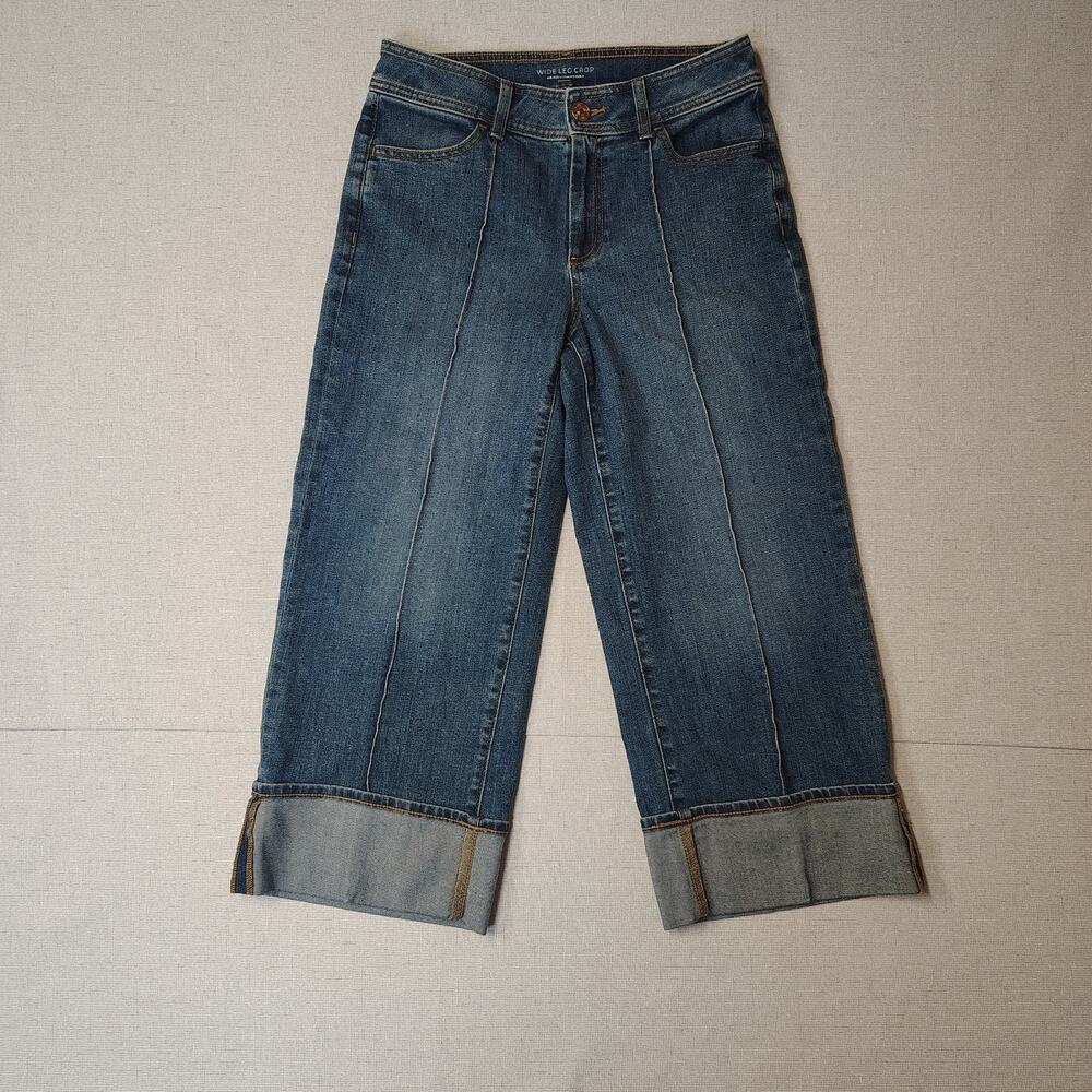 Chico's Jeans Womens 4 Wide Leg Crop Cuffed High Rise Seamed Stretch Denim